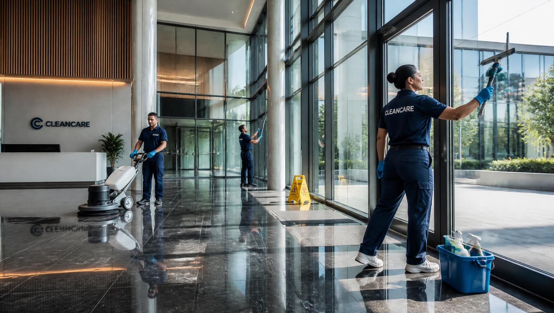 A commercial cleaning crew polishing the lobby of an office building