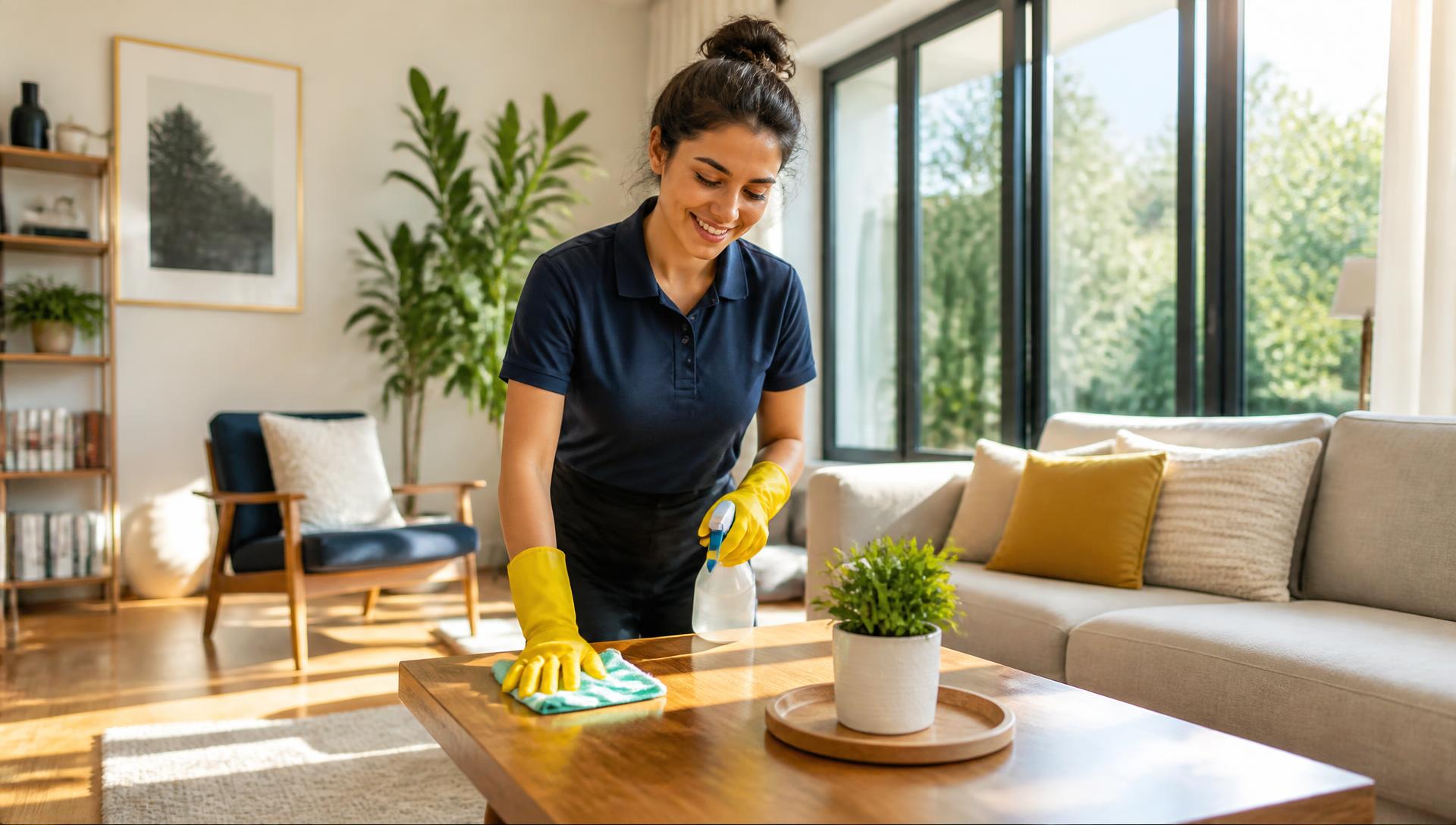 A cleaner tidying a bright, sunlit living room